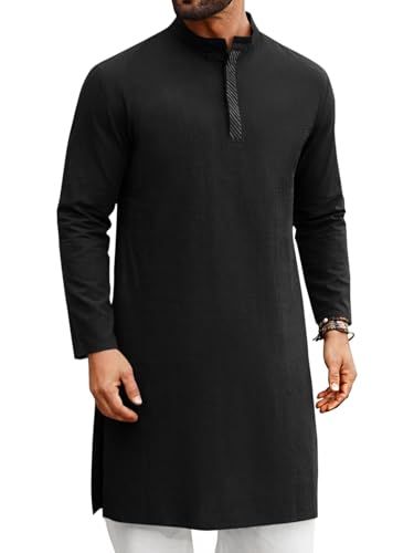 Runcati Mens Kaftan Thobe Button Down Henley Shirts Long Sleeve Kurta - color: Black, size: Medium