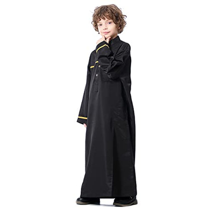 IDOPIP Kids Boys Muslim Thobe Islamic Arabic Kaftan Robe Loose Middle East Prayer Thobes Dress Modest Clothes with Pockets - color: Black, size: 9-10 Years