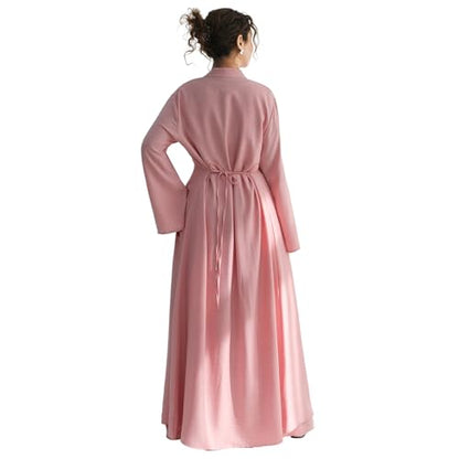 2PCS Women Muslim Abaya Dress Stand Collar Full Coverage Cardigan Dress Set - color: Pink, size: Medium