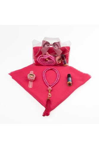 Fuchsia Scarf Set with Essential Oil Pearl Tasbih Zikirmatik refined Boxed Women's Modest Accessory - Multicolor, 55x26 inch