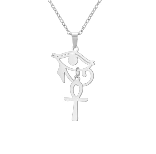 Ankh Cross Y Necklace Key of Life Eye of Horus Pendant Cartouche Long Chain Protection African Coptic Amulet Ancient Egyptian Religious Jewelry Gift for Women Men - color: Ankh Cross Eye of Horus silver 2