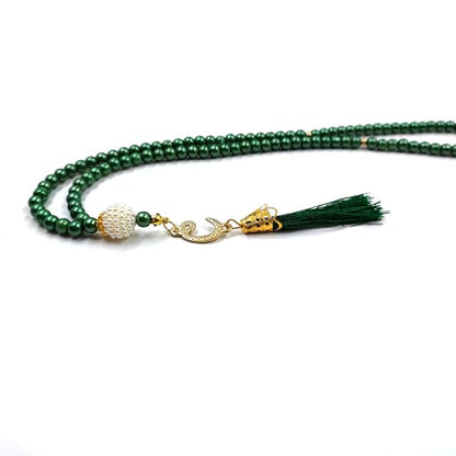 BAYKUL Muslim Prayer Beads 99, Islamic Rosary with Silver Allah Muhammad Engraved Tasbih, Zikr Namaz Worship Ramadan Tesbih Bracelet - color: Green Pearl