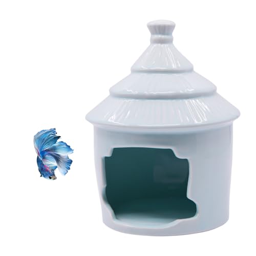 Saim Cute Aquarium Decorations Ceramic Palace Little Grass Hut Shaped Toad House, Betta Fish Tank Accessory Decor Ornament Hideout Pleco Cave for Fish Playing or Hiding - Blue - color: Blue