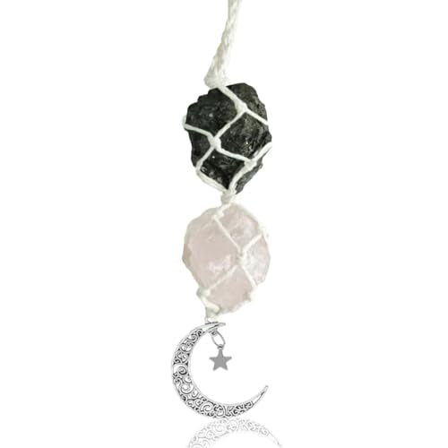 Hanging Car Charm, Crystal Car Hanging Ornament, Car Interior Rear View Mirror Charm, Dangling Moon & Healing Crystal Accessories, Handmade Car Rearview Mirror Decorations (Tourmaline-rose Quartz) - color: Tourmaline-rose Quartz