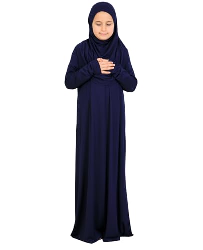 Prien Kids Muslim Prayer Dress With Hijab & Pouch, Soft Viscose Abaya For Girls, Islamic Clothes, Robe For Eid, Ramadan - color: Navy Blue