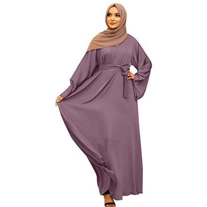 Casual Maxi Dresses for Women Long Sleeve Spring Pleated Flowy A Line Prayer Dress Muslim Dresses with Belt - color: Purple, size: Medium