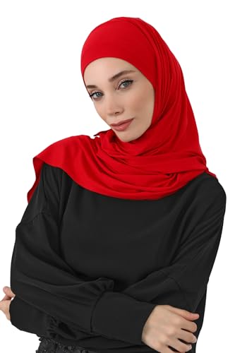 Aisha's Design Neck-Covering Practical Jersey Hijab with Built-In Ninja Bonnet - color: Red