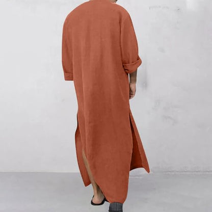 Linen Kaftan Thobe for Men Big and Tall Muslim Robe Long Sleeve Button Down Henley Neck Side Split Caftan with Pocket - color: Brown, size: 3X-Large