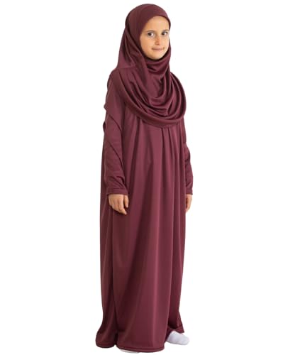 Prien Kids Prayer Dress Muslim Clothes for Girls Long Sleeve Abaya with Hijab Two Piece Maxi Islamic Set Scarf Kaftan Jilbab - color: Cherry