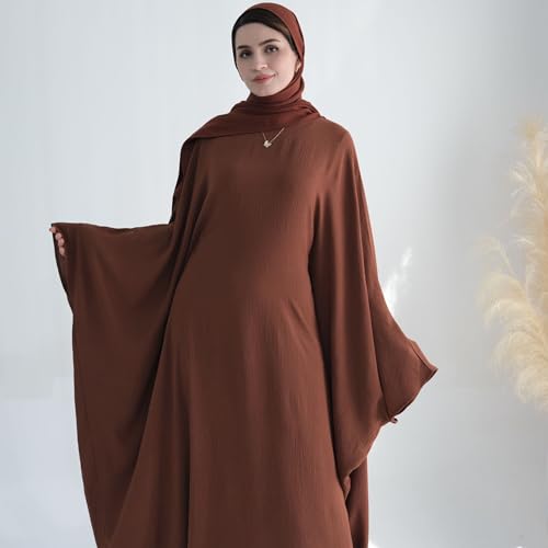Women Muslim Abaya Dress 1Piece Bat Sleeve Islamic Maxi Robe Fashion Jilbab for Women Eid Kaftan Muslim Robe - color: Browna, size: Large