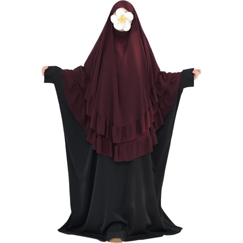 khalat Women's Hijab Chiffon Hijab for Women Muslim 2 Layers Ruffle Lightweight Large Hijab - color: Wine Red