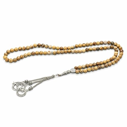 Amazing Gemstone Picture Jasper Tasbeeh with Moon and Star Charm - Certified Crystal Muslim Prayer Beads Natural Gemstone Tasbih Gift for Ramadan Dhikr and Daily Namaz (S) - color: Picture Jasper