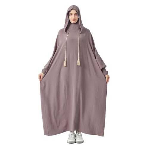 Abaya Muslim Dress Women Prayer Dress Long Sleeve Hooded Loose Maxi Dress Arabian Dubai Islamic Clothes - color: Gray Lilac