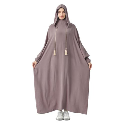 Abaya Muslim Dress Women Prayer Dress Long Sleeve Hooded Loose Maxi Dress Arabian Dubai Islamic Clothes - color: Gray Lilac