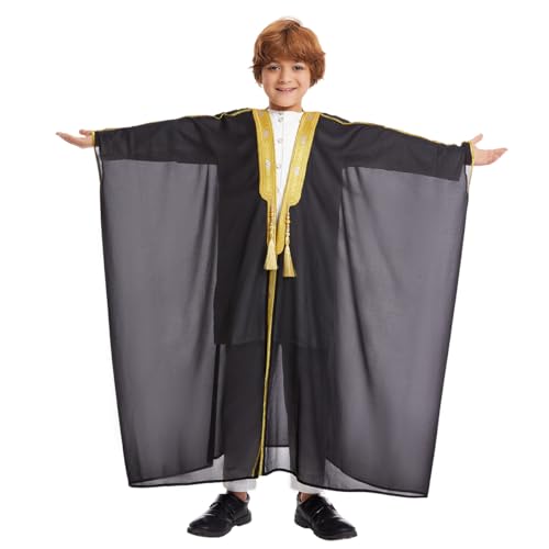 IWEMEK Kids Abaya Arabic Thobe for Boys Muslim Robes Islamic Prayer Clothes Embroidered Chiffon Kaftan Cardigan Dubai Thobe - color: Black, size: 11-12 Years