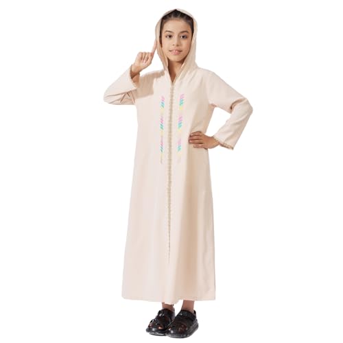 Kids Girls Abaya Muslim Long Sleeve Hooded Lace Embroidered Prayer Dress Arabic Kaftan Dubai Islamic Dresses - color: Beige Hoodies, size: 10-11 Years