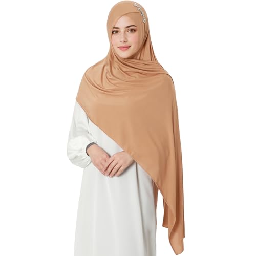 khalat Instant Hijab 여성용 무슬림 샤이니 라인스톤 데일리 스카프 부드럽고 신축성 있는 단색 이슬람 기도 히잡 - color: 카키