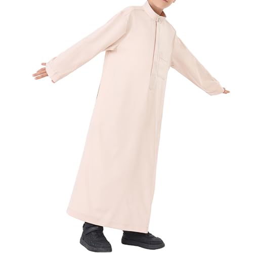 Muslim Thobe for Boys Long Sleeve Islamic Arabic Kaftan Button 𝐑obe Middle East Prayer Dress Kids Ramadan Eid Outfit - color: Beige, size: 13-14 Years