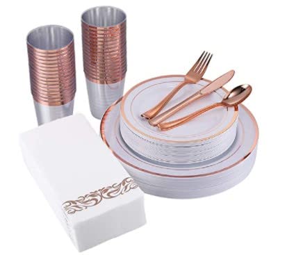 Rose Gold Plastic Dinnerware set 175 Pieces- 50 Rose Gold Rim Plastic Plates - 25 Rose Gold Plastic Silverware - 25 Rose Gold plastic Cups - 25 Fancy Napkins - Party of 25
