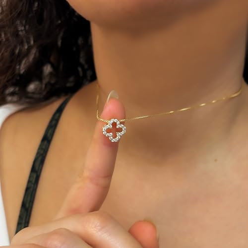 Gold Clover Necklace for Women, Four Leaf Clover Pendant with Crystal Rhinestones, Box Chain Necklace