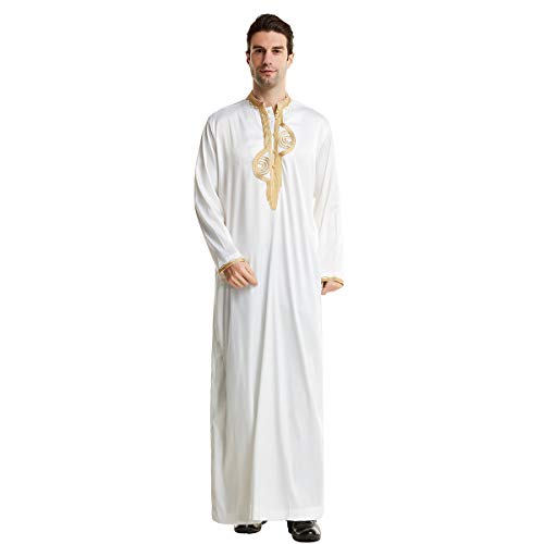 XINNI Men Arabic Long Sleeve Embroidery Thobe Stand Collar Kaftan Robe - color: White, size: Small