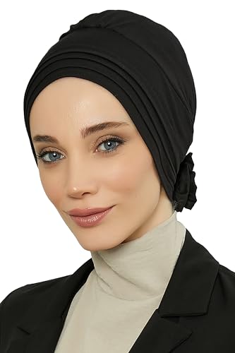 Aisha's Design Instant Turban Head Wraps for Women, Combed Cotton Scarf Lightweight Pre tied Hijab with Back Rose Detail - color: Black