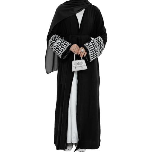 Women Ramadan Muslim Abaya Long Sleeve Embroidered Open Front Cardigan Kimono Turkey Dubai Kaftan - color: Black, size: X-Large