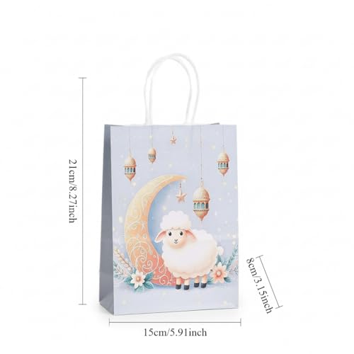 Eid Mubarak Gift Bags 12 Pack – Ramadan Party Favor Bags with Handles, Kraft Paper Candy Treat Bags, Islamic Moon Star Design for Eid Party Supplies