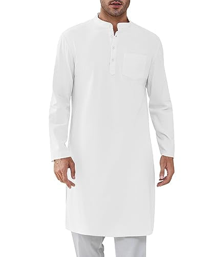 Gafeng Mens Kaftan Robe Button Down Long Sleeve Henley Cotton Thobe Casual Side Split Gown Shirt - color: White, size: XX-Large