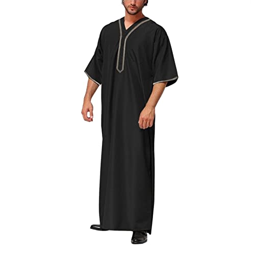 Men's V Neck Kaftan Thobe Short Sleeve Muslim Robe Loose Casual Long Gown Shirts with Chest Pocket for Beach Summer - color: Z01 Black, size: Large