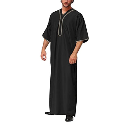 Thobe for Men Muslim Islamic Robe Kaftan Long Sleeve Jubba Arabic Dress Big and Tall Loose Fit Casual Gown A6 - color: Black, size: Medium
