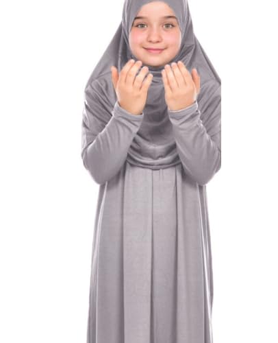 Prien Kids Prayer Dress Muslim Clothes for Girls Long Sleeve Abaya with Hijab Two Piece Maxi Islamic Set Scarf Kaftan Jilbab - color: Grey