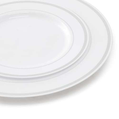 Elama 350 Piece Disposable Plastic Dinnerware Party Set for 50 Guests in White with Silver Trim