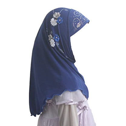 Instant Hijab for Kids Girls Hijabs Muslim Islamic Head Scarf with Rhinestone and Flowers - color: Blue