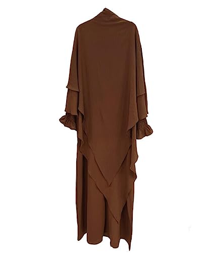 Women Prayer Dress Muslim Ramadan Garment Abaya Dubai Islam Jilbeb 2 Piece Set Layered Khimar Scarf Hijab and Long Dress - color: Coffee, size: Large