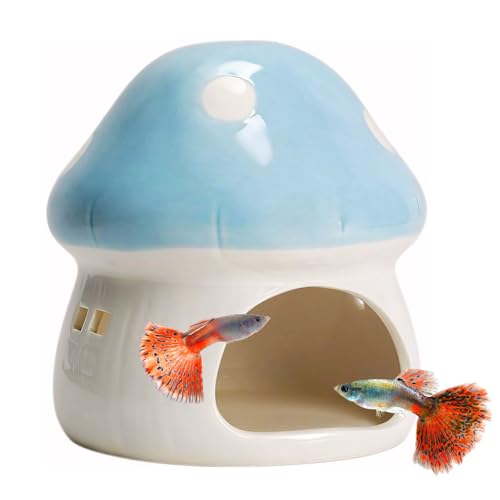 Saim Ceramics Mushroom House Aquarium Decor, Betta Fish Tank Accessories Landscape Decoration, Small Shrimp Goldfishes Habitat Hut Pleco Smalland Breeding Hide Caves Toad House - Blue - color: Blue