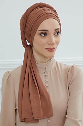 Aisha's Design Instant Hijab Scarves for Women, 95% Cotton Pretied Bonnet Turban Easy to Wear Cotton Headscarf - color: Caramel Brown