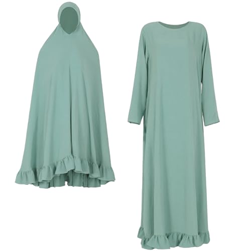 2PCS Abayas for Women Muslim Dress Ruffled Hem Modest Prayer Robe Full Coverage Modest Jilbab Set - color: Light Green, size: Large