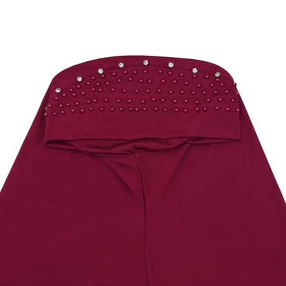 Suillty Women's Pearls Muslim Islam Instant Hijab Scarf Soft Turkish Headwear Jersey Headscarf Shawl Wrap - color: Red