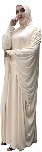 Women's Solid Muslim One-Piece Prayer Dress Abaya Kaftan with Hijab Full Length Dress - color: Beige