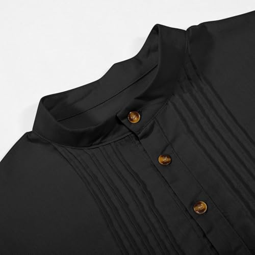 Men's Long Sleeve Stand Collar Kaftan Thobe Button Down Henley Robe Casual Side Slit Front Pleated Gown Shirt Tops - color: Black, size: XX-Large