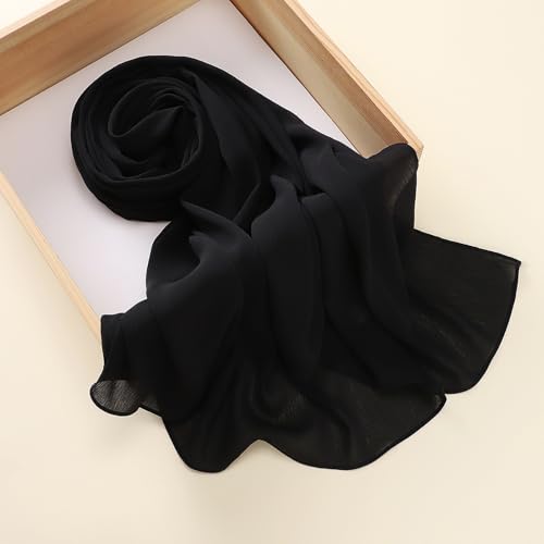 Premium Long Crinkle Chiffon Hijab Scarf for Women, Very Soft Muslim Head Scarfs - color: Black