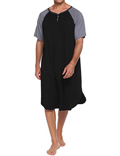Ekouaer Sleepwear Men's Nightshirt Short Sleeve Pajamas Comfy Big & Tall Henley Sleep Shirt M-XXXL - color: Black With Light Grey, size: 3X-Large