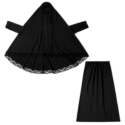 IBTOM CASTLE Little Girls Muslim Prayer Dress Abaya Long Sleeve Full Cover Lace Hijab Kaftan Dubai Islamic Modest Eid Jilbab - color: Black, size: 7-8 Years