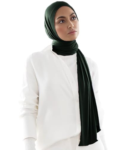Harewom Muslim Hijab for Women Soft Stretch Headscarf Large Plain Turban Wrap Shawl Head Wrap for Everyday Wear - color: Dark Green Hijab Headscarf