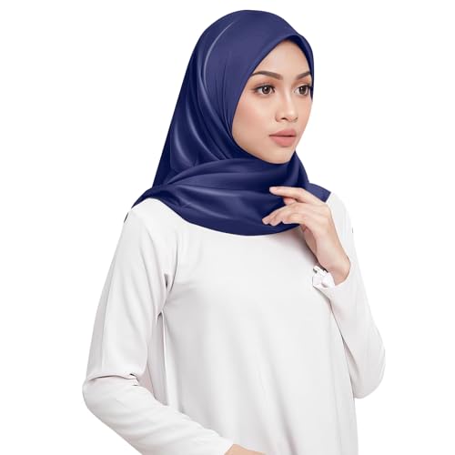 Elegant Satin Jersey Muslim Hijab Scarf Square Soft Head Wrap Scarves Shawl for Women Girls - color: Navy Blue(90*90cm)