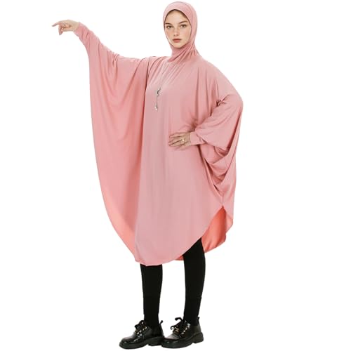 Muslim Abaya Dress for Women Highly Stretchy Batwing Hooded Prayer Hijab - color: Dark Pink, size: Medium