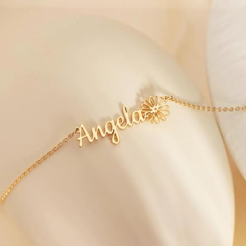 Elemtansy Custom Name Necklace with Birth Flower, Personalized Jewelry Necklaces for Women, 18K Gold Name Plate Necklaces Personalized Mothers Day Birthday Gifts for Women Sister Best Friend - color: 4-Name with Birth flower