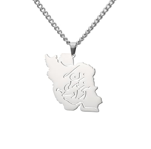 Iran Map Necklace Iranian Flag Persian Calligraphy Pendant Patriotic Heritage Pride Peace Jewelry Souvenir Series Gifts for Women Men - color: زن زندگی آزادی -Women, Life, Freedom silver