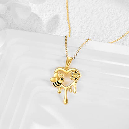 KECHO Gold Bee Necklace Gifts for Mom Women 14k Yellow Gold Honeycomb Honey Bee Pendant Necklaces Love Heart Jewelry Gifts for Women Her Wife - style: bee01